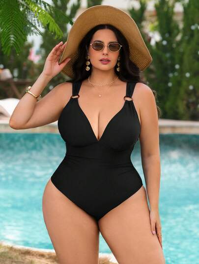 Swim Lushoire 2026 New European And American Style Black Conservative One-Piece Swimsuit, Deep V-Neck, Conceals Side Bust, High Elasticity Slim Fit, Conceals Flaws, Luxurious Quality For Hot Spring, Beach, Vacation