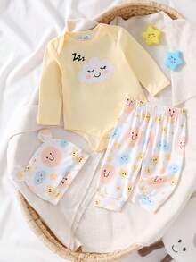 Newborn Soft Fabric Yellow Cloud & Star Cute Pattern Long Sleeve Jumpsuit Set - Yellow - View 1