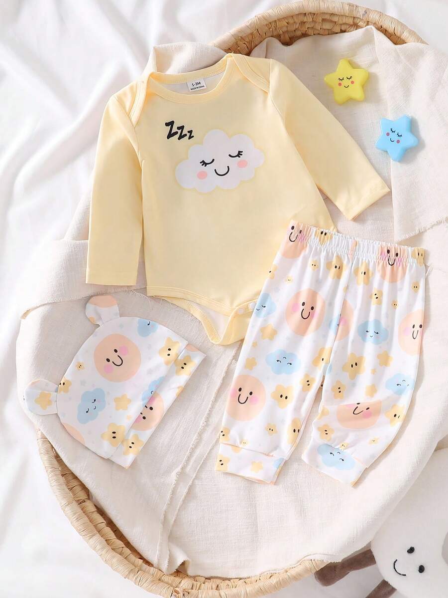 Newborn Soft Fabric Yellow Cloud & Star Cute Pattern Long Sleeve Jumpsuit Set - Yellow - View 1