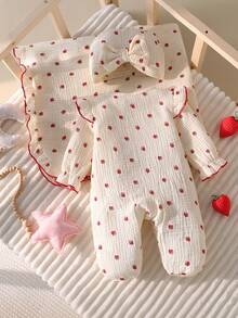 新生儿杏色底红色波点图案长袖连体衣，含帽子和襁褓毯套装 - 杏色 - 查看 2