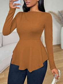 VaVaBold Áo thun nữ dài tay dáng ôm màu đen trơn, viền bèo nhún, thích hợp cho mùa thu. - Cà phê nâu - Xem 3