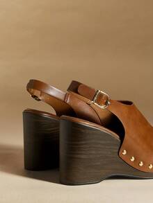 Rosivie 女士棕色铆钉露趾厚底坡跟凉鞋，性感时尚简约法式风格厚底夏季凉鞋 - 暗紅 - 查看 5