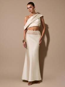 SHEIN BAE 杏色优雅蕾丝拼接缎面鱼尾裙，适合派对、鸡尾酒会、生日、伴娘、婚礼宾客等场合，秋冬季穿着。 - 杏色 - 查看 6