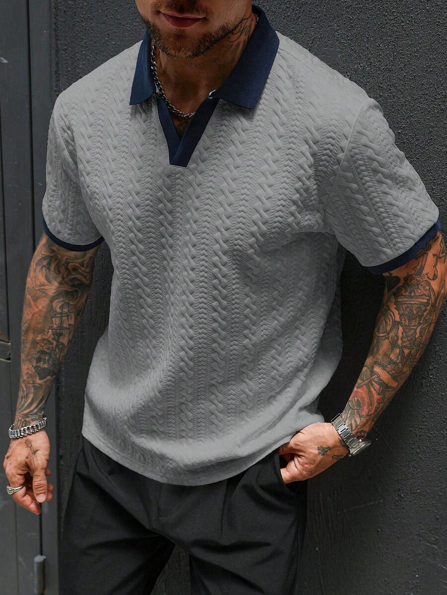 Manfinity Homme Áo Polo nam tay ngắn dáng casual, chất liệu dệt kim, viền ren, màu xám nhạt, tay ngắn, cài nút, thích hợp mặc đi làm hàng ngày, đi chơi cuối tuần, hoạt động ngoài trời, du lịch, môi trường làm việc thoải mái hoặc các dịp bán trang trọng, quà tặng cho bạn trai/chồng, quà kỷ niệm/sinh nhật, tiệc tùng, kỳ nghỉ hè, đám cưới, từ xuân đến hè. - Màu Xám nhạt - Xem 1