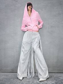 ROMWE Avant 女士不对称流苏直筒宽松运动裤 - 淺灰色 - 查看 2