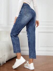 EMERY ROSE Casual Washed Distressed Tapered Jeans - Dark Wash - View 2