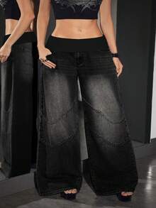 Flirla Plus Size Women Patchwork Color Casual Street Versatile Commute Loose Fit Denim Wide Leg Pants Everyday Black Summer - Black - View 4