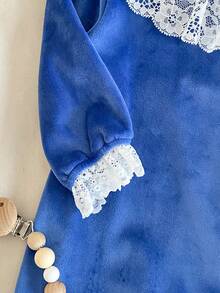 2pcs Newborn Baby Girl Fleece Romper With Lace Trim, Long Sleeve Footie Jumpsuit & Headband Set, Elegant Princess Style, Autumn/Winter Blue Baby Outfit Infant Blue Clothes Newborn Royal Blue Blue Baby Girl Outfit Blue Newborn Baby Set - Blue - View 4