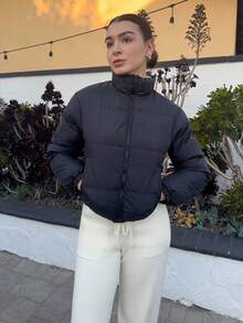 Andrea Bello 秋冬双面拉链连帽棉服大衣 - 黑色 - 查看 5