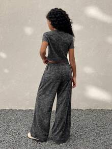 Tween Girls Spring/Summer Streetwear Minimalist Washed Grey Bustier Slim Fit Tees Straight Leg Baggy Mid Rise Straight Pants Two Pieces Outfits - Black - View 3