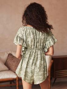 Lullawish Sage Green Women's Summer Boho Vacation Holiday Jumpsuit,Floral Print Loose Ruffled Elastic Waist V-Neck Pajamas Babydoll Ruffle Sleeve Summer Tops - Green - View 2