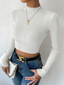 Xyvia Áo len dài tay cổ đứng màu trơn, kiểu dáng đơn giản, thích hợp cho kỳ nghỉ, áo dài tay, áo len dệt kim mùa thu đông. - trắng - Xem 3