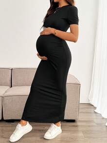SHEIN Maternity Solid Color Round Neck Short Sleeve Ruched Side Slit Hem Fitted Casual Dress - Black - View 3