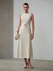 MOTF PREMIUM WOMEN'S SLEEVELESS LONG DRESS WITH BELT, MINIMALIST STYLE, SPRING/SUMMER - Apricot - View 3