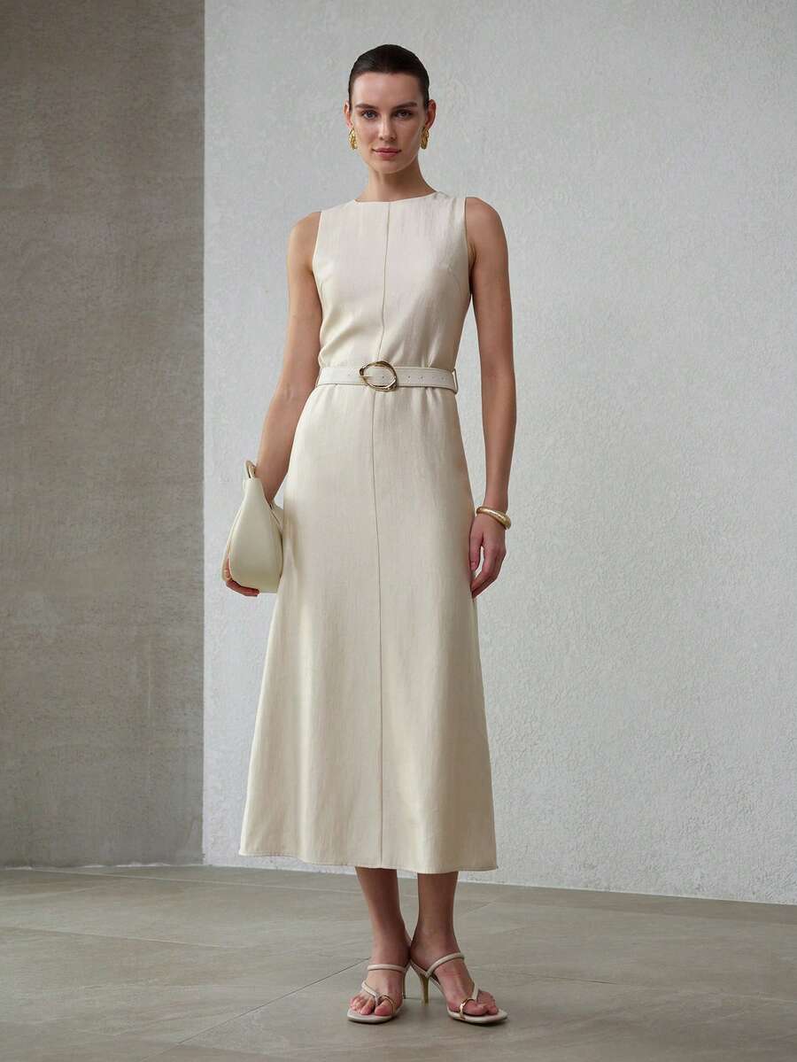 MOTF PREMIUM 女士无袖长连衣裙，配腰带，简约风格，春夏款 - 杏色 - 查看 1