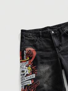 ROMWE MEN Men's Summer Casual Fashion Street Punk Dark Embroidery Washed Denim Shorts