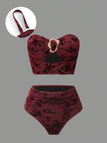 Sweetra Bộ đồ bơi cỡ lớn, chất liệu vải nhung cao cấp, kiểu dáng tối giản Châu Âu & Mỹ (Tankin). - Màu Đỏ Sâu - Xem 3