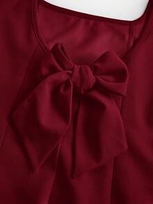 Firerie Kids Tween Girls' Elegant & Cute Square Neck A-Line Patchwork Dress, Burgundy, With Large Bow Back - Burgundy - View 3