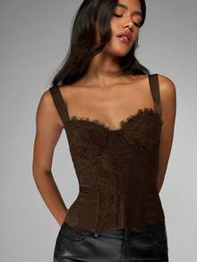 MISSGUIDED Áo corset không tay với chi tiết ren, cổ áo hình trái tim, kiểu dáng cổ điển, thời trang thu đông. - màu nâu - Xem 6