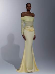 Elitara Elegant High-Stretch Knit Mesh & Satin Off Shoulder Sheer Long Sleeve Waist Ruched Fishtail Dress, Suitable For Dates, Vacations, Singles Parties, Weddings, Women's Evening Gowns, Bridesmaid Dresses - Yellow - View 7