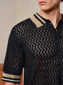 RONVEXI 男士休闲撞色拼接镂空短袖针织衫 男士夏季Polo衫 男士渔网衫 男士钩针衬衫 男士钩针衬衫 男士针织Polo衫 - 黑色 - 查看 2