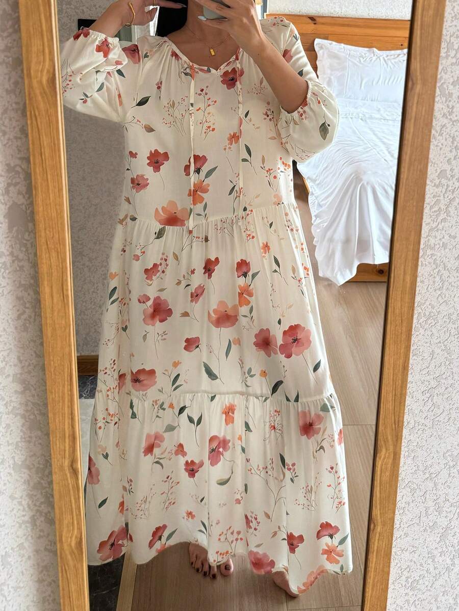 DAZY Floral Print Tie Neck Loose Lantern Sleeve Women Nightgown - White - View 1
