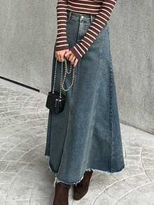DAZY Vintage Frayed Hem Flared Denim Skirt, High Waist Slimming A-Line Skirt For Women - Medium Wash - View 4