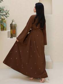 Al Najma Women's Elegant Embroidered Detail Loose Arabic Abaya, Autumn - Coffee Brown - View 2
