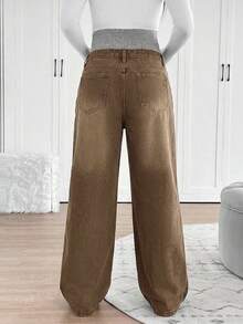 SHEIN 孕妇针织托腹宽松直筒牛仔裤 - 棕色 - 查看 2