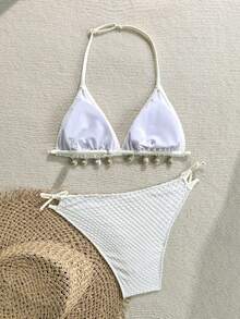 少女白色细肩带米色贝壳纹理比基尼套装，夏季沙滩露背细肩带三角泳衣套装，夏季沙滩泳装，夏季沙滩，假日 - 白色 - 查看 2
