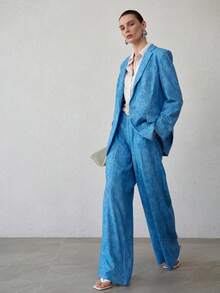 MOTF PREMIUM 女士亚麻宽松牛仔印花长袖西装外套，春夏款 - 藍色 - 查看 5