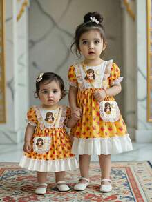 Baby Girl Yellow Summer Cute Family Matching Middle Eastern Traditional Short Puff Sleeve Lace Trim Princess Party Midi Dress With Sling Bag Abaya - Multicolor - View 1