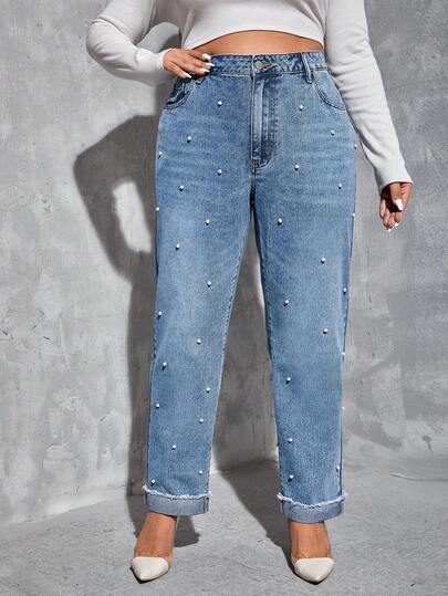 SHEIN Tall Women's High Waist Faux Pearl Decor Tapered Casual Jeans