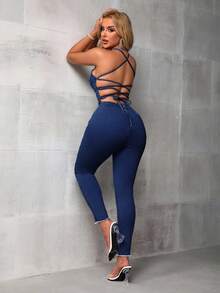 SHEIN SXY Slim-Fit Spaghetti Strap Criss-Cross Back Casual Denim Jumpsuit - Dark Wash - View 7