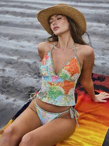 Swim Vcay Women's Orange Summer Boho Beach Holiday Swimwear,Cashew Print Halter Neck Tie Camisole Top And Triangle Tankini Bottom 2 Pieces Tropical Bikini Set - Multicolor - View 7