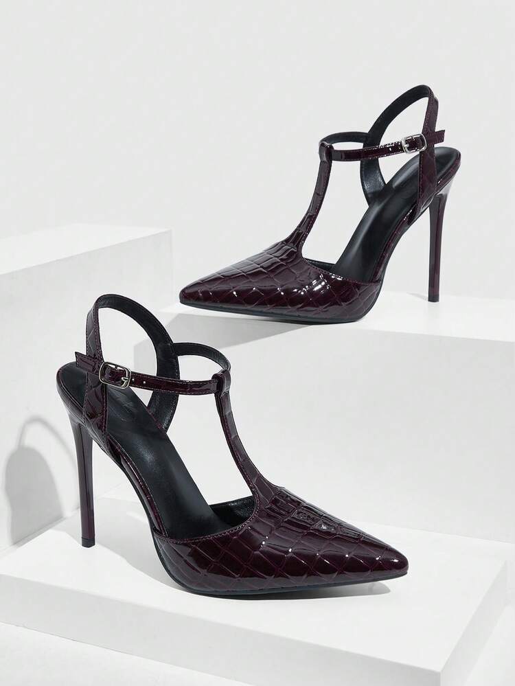 CUCCOO SZL Women's Burgundy Color High Heel Pumps With Buckle Decor For Christmas Valentine's Day