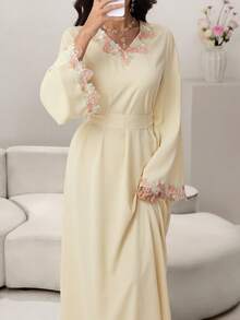 Yasmyna Elegant V-Neck Ruffle Trim Waist Fitted Flared Apricot Arabic Style Dress For Women - Apricot - View 3