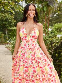 KARISMINA 女士优雅浪漫露背印花休闲连衣裙，春夏款 - 彩色 - 查看 3