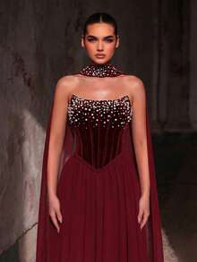 Glamrae 优雅天鹅绒雪纺拼接串珠抹胸式A字长裙（可拆卸吊带），适合约会、婚礼、活动、单身派对、正式场合。 - 酒紅色 - 查看 5