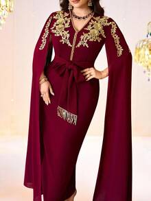 Al Najma Plus Size Women's Elegant Party Embroidered Applique Cape Sleeve Arabic Style Dress - Burgundy - View 6