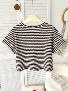 SHEIN Tween Girl Jacquard Textured Knit Loose Dropped Shoulder Short Sleeve T-Shirt,Kids - Brown - View 2