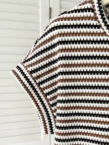 SHEIN Tween Girl Jacquard Textured Knit Loose Dropped Shoulder Short Sleeve T-Shirt,Kids - Brown - View 4