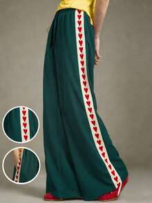 Elnivra Glissea 新款复古美式风格弹力腰阔腿裤，高腰宽松百搭爱心针织缎带学院风嘻哈直筒裤 - 墨綠色 - 查看 3