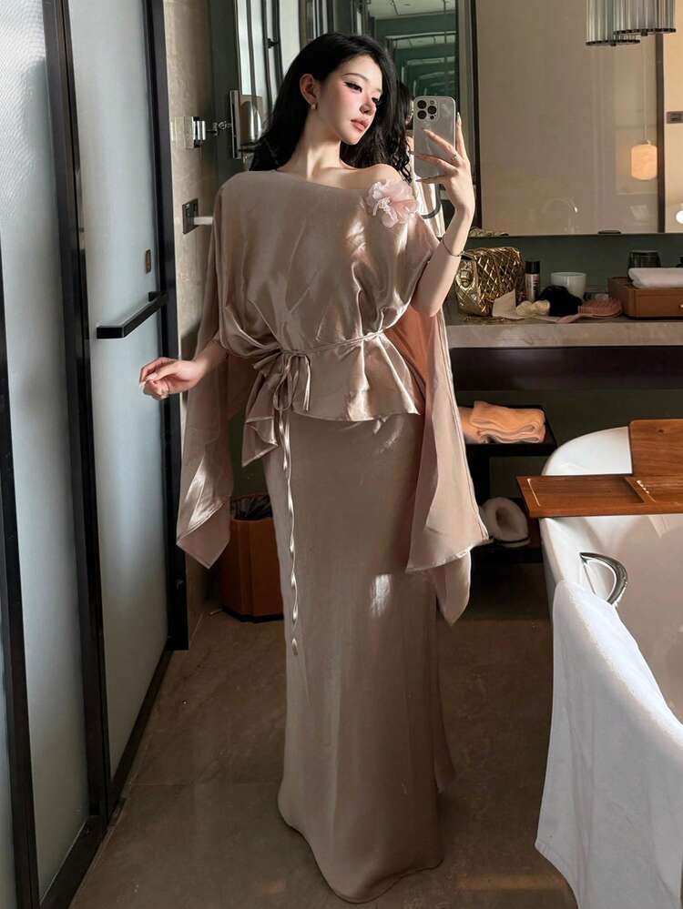 Spring/Summer Satin Puff Sleeve Top And Flared Skirt Set, Elegant For Valentine's Day, Wedding, Party, Formal Occasion, Fashion, Slim Fit, Office Wear