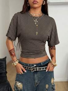 Coolane Áo thun crop top nữ mùa hè tối giản phong cách Y2K, cơ bản, thích hợp mặc hàng ngày, đi học, chất liệu co giãn, dáng rộng, xếp ly. - màu nâu - Xem 6