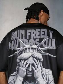 PAVTROS 男士时尚复古标语印花短袖T恤 - 黑色 - 查看 5