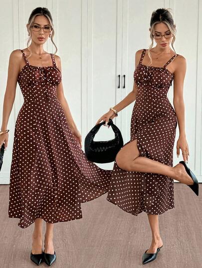 Siren Gaze Women's Elegant Polka Dot Print Slit Strap Mid-Length Dress, Summer Women Vacation Dress Polka Dot Dress Women Summer Sundress Women Casual Holiday Resort