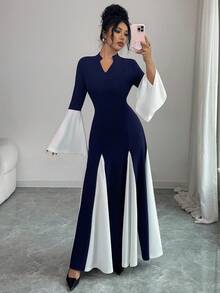 Siren Gaze Vestido longo feminino com punhos oversized em cores contrastantes - Azul - Ver 4
