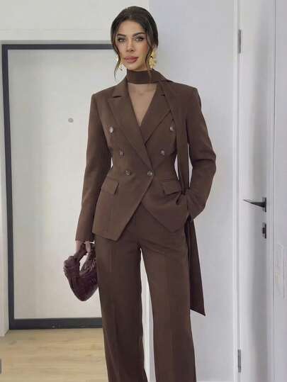 Firerie Women's Elegant Minimalist Commuting Office Outerwear, Fashionable New Year Holiday Urban Chic Spring Blazer With Lapel, Waist Cinched, Button Closure, Long Sleeve, Long Tie, Slim Fit, Brown