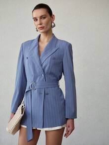 MOTF PREMIUM WOMEN'S LOOSE FIT STRIPED LONG SLEEVE TRENCH COAT WITH BELT, SPRING/SUMMER - Blue - View 5